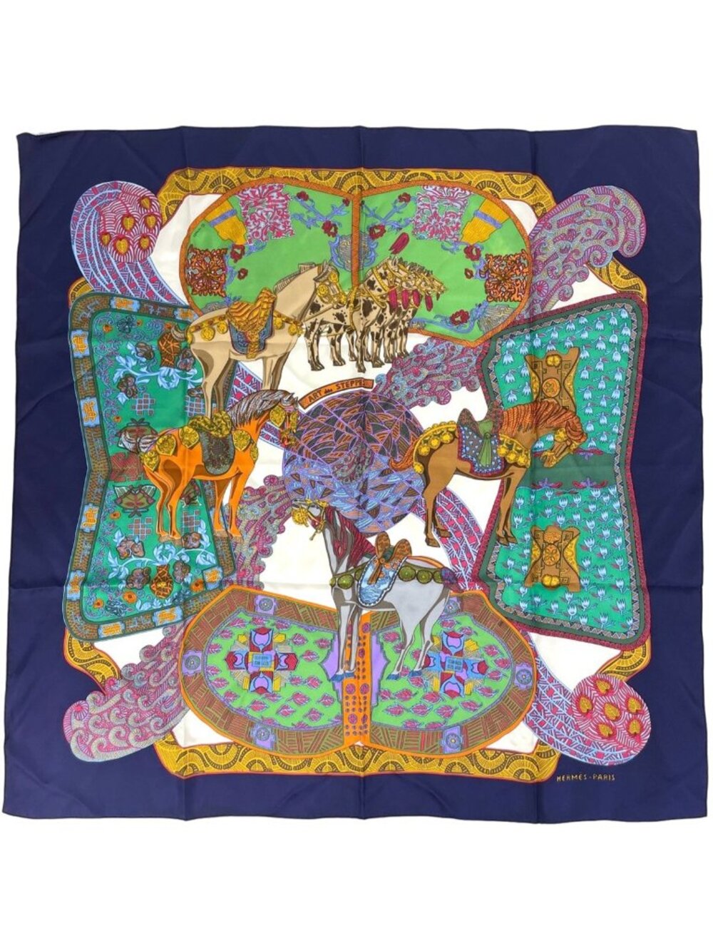 Hermes Carre 90 Art Des Steppes Scarf Silk Navy Multicolor